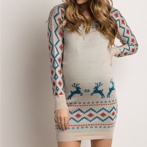 PinkBlush Beige Reindeer Fitted Maternity Sweater Dress